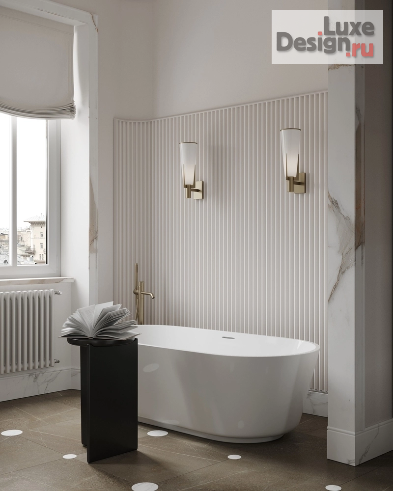 Дизайн интерьера ванной "Ванные комнаты с отделкой из натурального мрамора и винтажными светильниками." (фото 2)