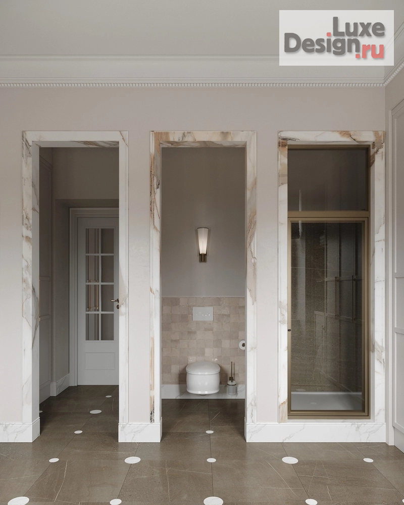 Дизайн интерьера ванной "Ванные комнаты с отделкой из натурального мрамора и винтажными светильниками." (фото 7)