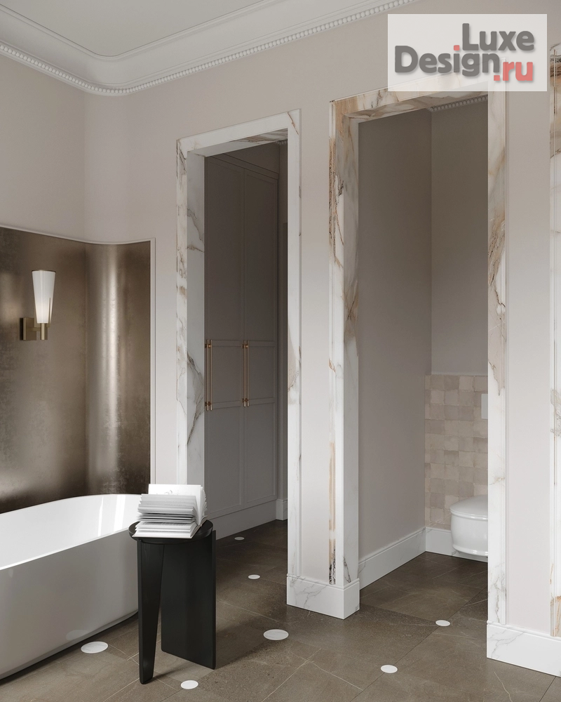 Дизайн интерьера ванной "Ванные комнаты с отделкой из натурального мрамора и винтажными светильниками." (фото 3)