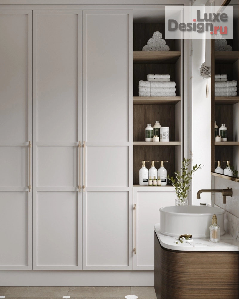 Дизайн интерьера ванной "Ванные комнаты с отделкой из натурального мрамора и винтажными светильниками." (фото 5)