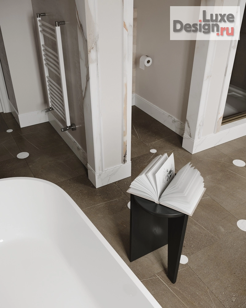 Дизайн интерьера ванной "Ванные комнаты с отделкой из натурального мрамора и винтажными светильниками." (фото 4)