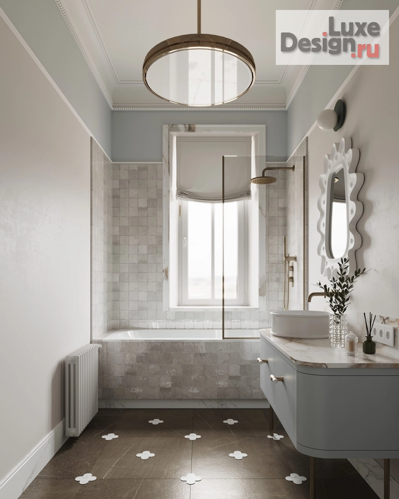 Дизайн интерьера ванной "Ванные комнаты с отделкой из натурального мрамора и винтажными светильниками." (фото 8)