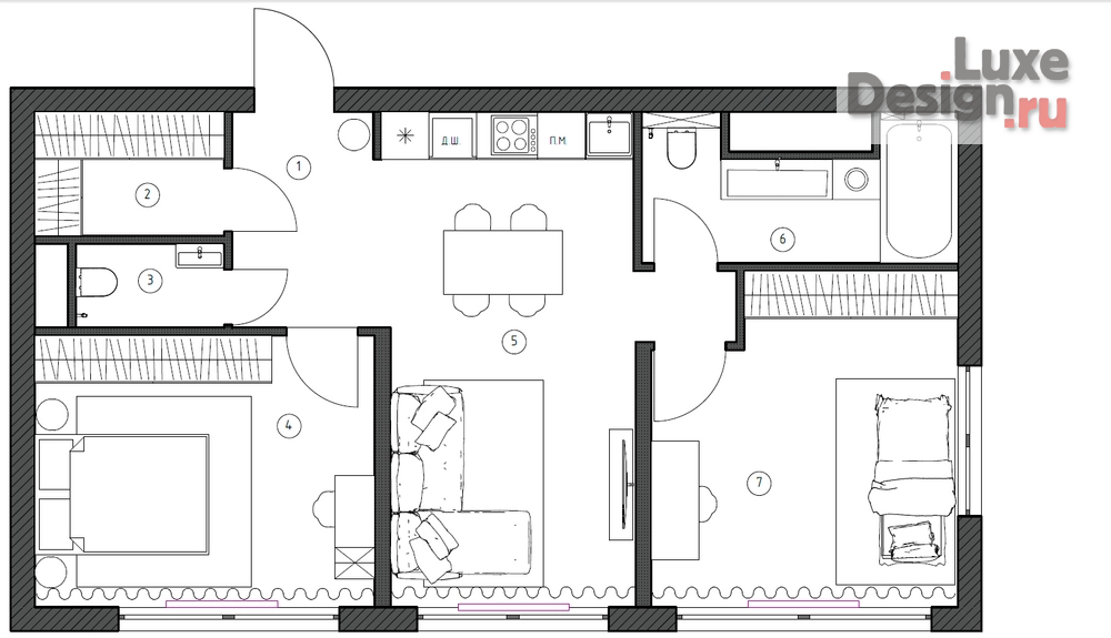 Дизайн интерьера трехкомнатной квартиры "Проект "Запрещено запрещать" ЖК «Headliner» 68 кв.м Москва" (фото 3)