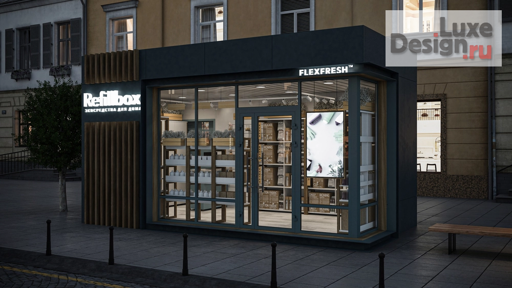 Дизайн интерьера торгового комплекса "Дизайн павильона в Москве FLEXFRESH " (фото 2) от дизайнера Зырянова Юлия Коммерческие интерьеры для бизнеса Дизайн интерьера торгового комплекса "Дизайн павильона в Москве FLEXFRESH " (фото 2)