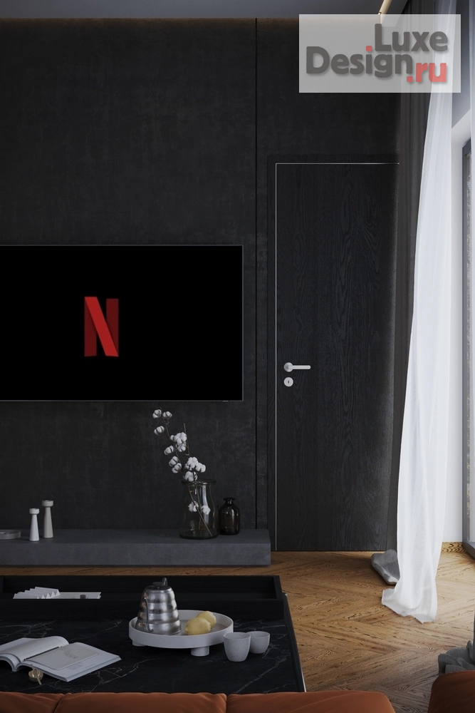 Дизайн интерьера коттеджа "Интерьер рядного бокса в Эстонии - минимализм, тёмные тона и LED-подсветка" (фото 1)
