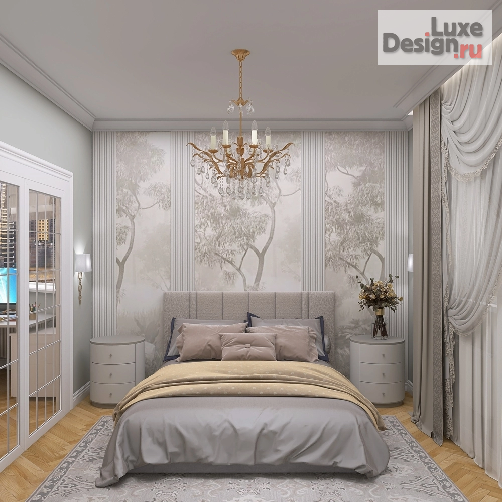 Дизайн интерьера спальни "Спальня с окнами в английский парк" (фото 2) от дизайнера Энглина Елена Дизайн интерьера спальни "Спальня с окнами в английский парк" (фото 2)