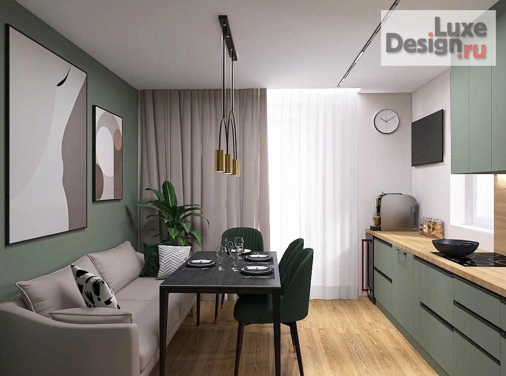 Дизайн интерьера двухкомнатной квартиры "Кухня в тёмно-зелёном" (фото 1)