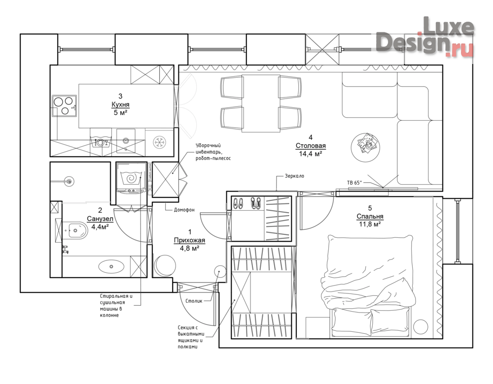 Дизайн интерьера квартиры "Двухкомнатная квартира 44м2" (фото 2)
