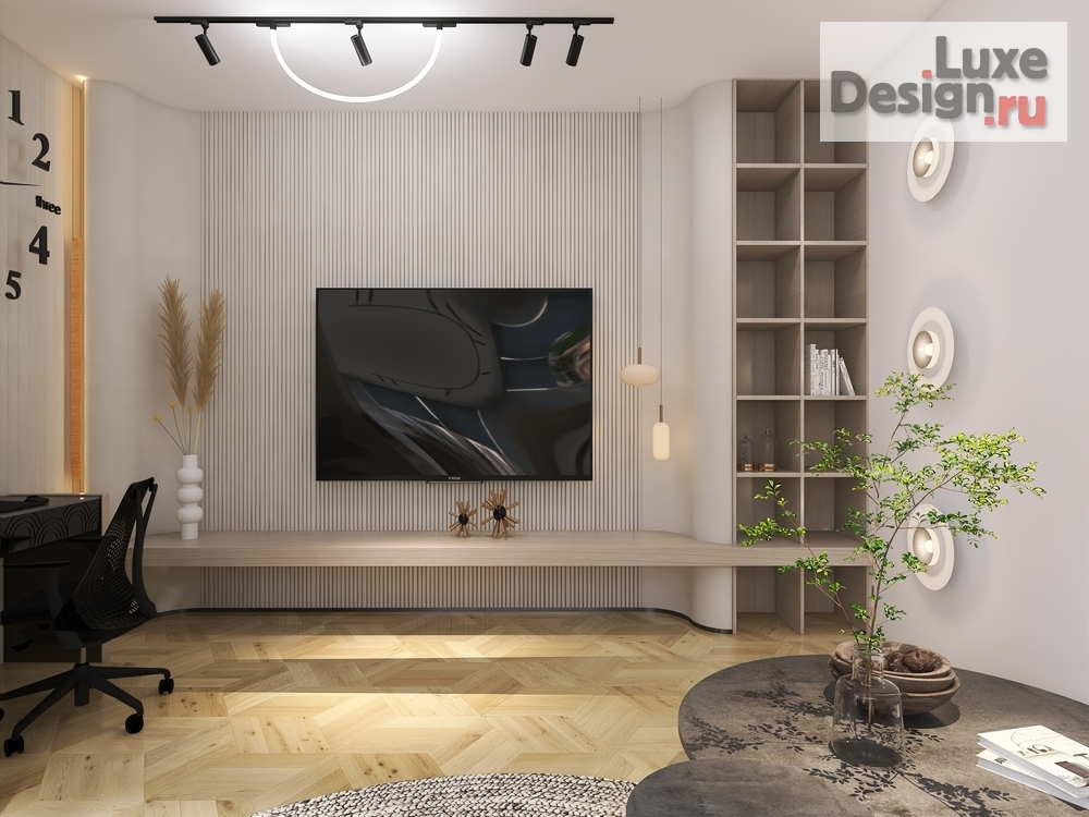 Дизайн интерьера гостиной "Кухня-гостиная с камином и рабочим местом" (фото 2)