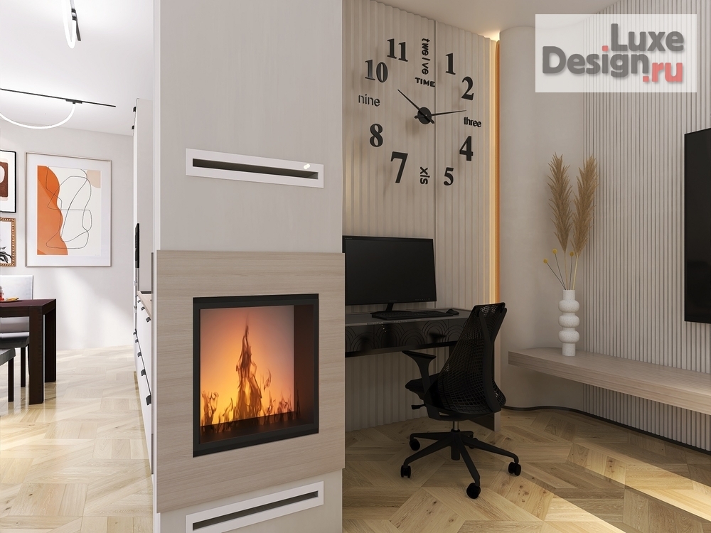 Дизайн интерьера гостиной "Кухня-гостиная с камином и рабочим местом" (фото 6)