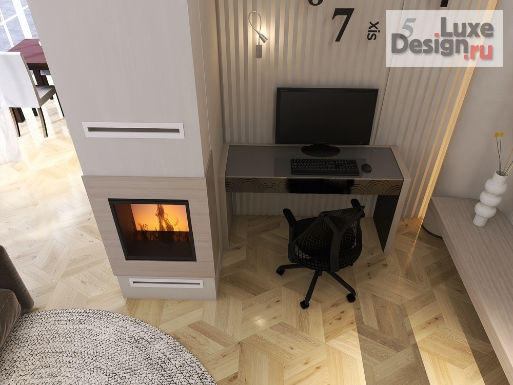 Дизайн интерьера гостиной "Кухня-гостиная с камином и рабочим местом" (фото 7)