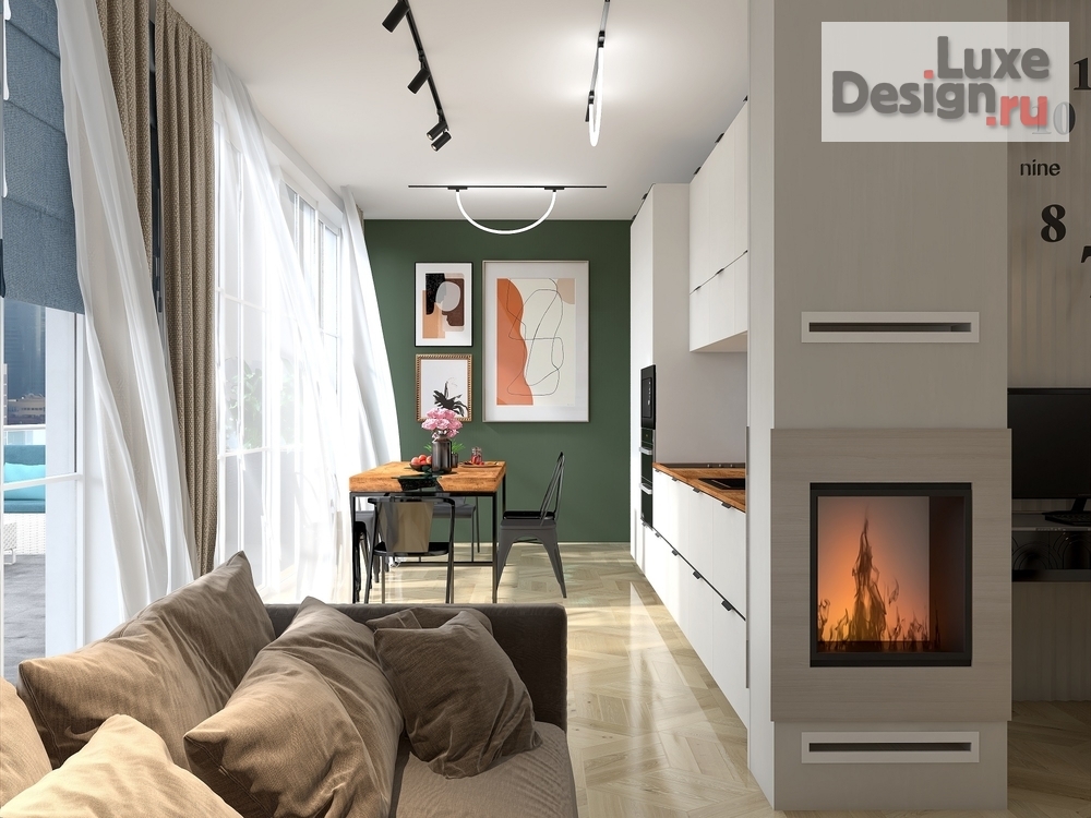 Дизайн интерьера гостиной "Кухня-гостиная с камином и рабочим местом" (фото 3)