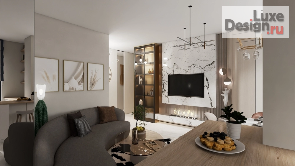 Дизайн интерьера столовой "Кухня-гостиная с эркером и камином" (фото 17)