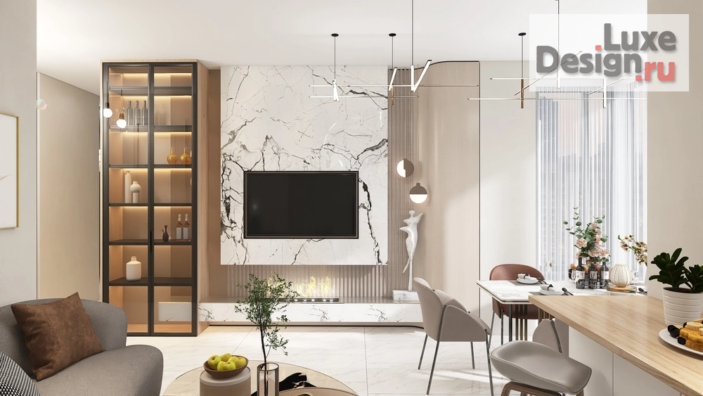 Дизайн интерьера столовой "Кухня-гостиная с эркером и камином" (фото 19)