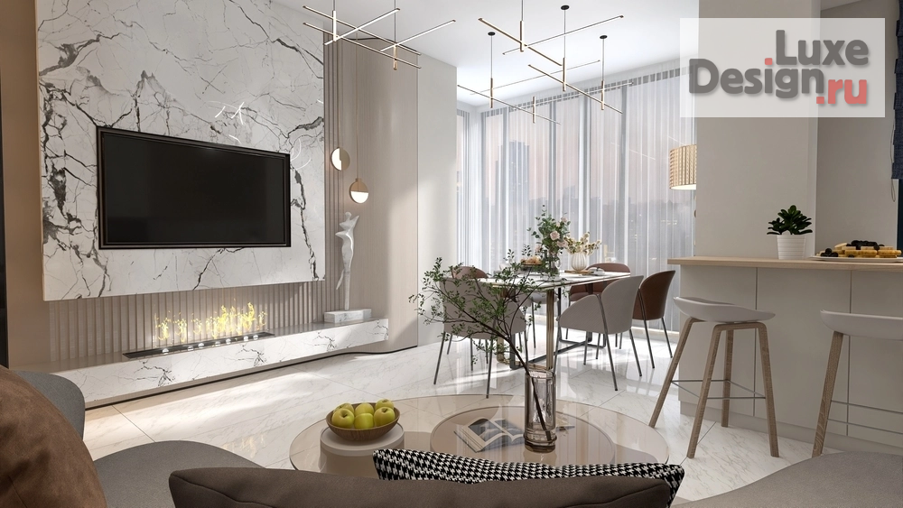 Дизайн интерьера столовой "Кухня-гостиная с эркером и камином" (фото 18)