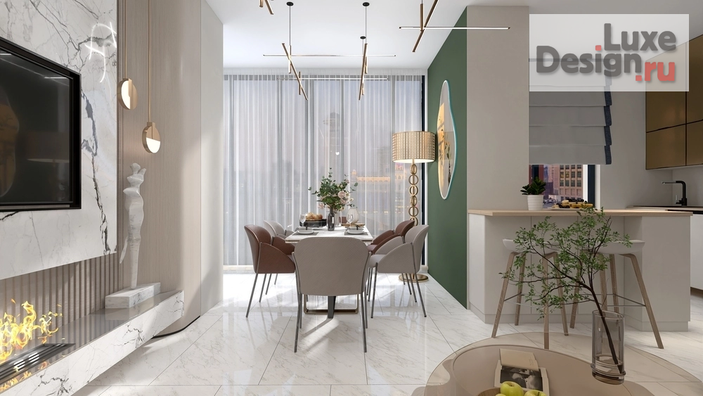 Дизайн интерьера столовой "Кухня-гостиная с эркером и камином" (фото 13)