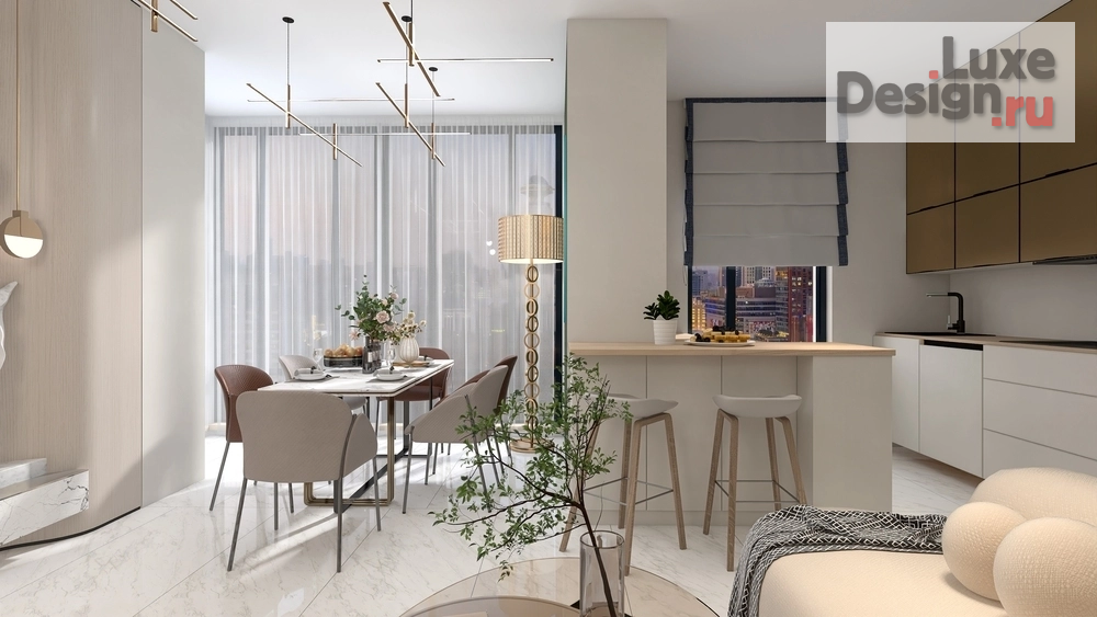 Дизайн интерьера столовой "Кухня-гостиная с эркером и камином" (фото 24)