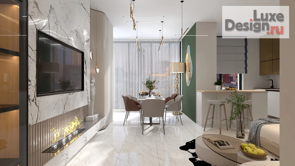 Дизайн интерьера столовой "Кухня-гостиная с эркером и камином" (фото 11)