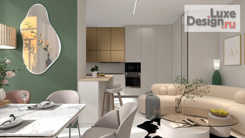 Дизайн интерьера столовой "Кухня-гостиная с эркером и камином" (фото 10)