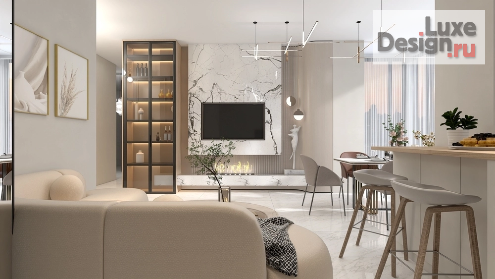 Дизайн интерьера столовой "Кухня-гостиная с эркером и камином" (фото 8)