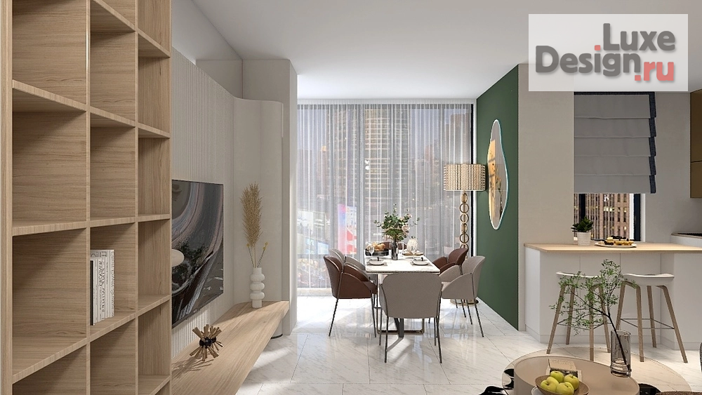 Дизайн интерьера столовой "Кухня-гостиная с эркером и камином" (фото 5)