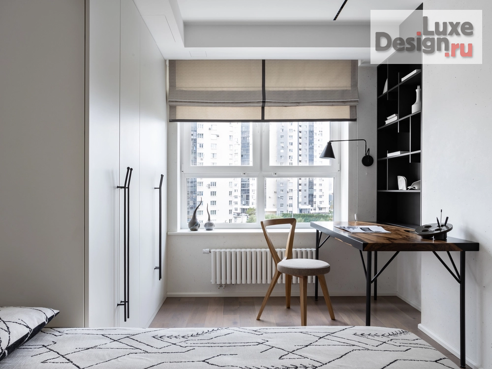 Дизайн интерьера комнаты "Лаконичная спальня с рабочим местом и природным орнаментом" (фото 1) от дизайнера Федотова Надежда Дизайн интерьера комнаты "Лаконичная спальня с рабочим местом и природным орнаментом" (фото 1)