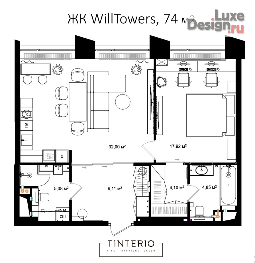 Дизайн интерьера двухкомнатной квартиры "ЖК WillTowers" (фото 2)