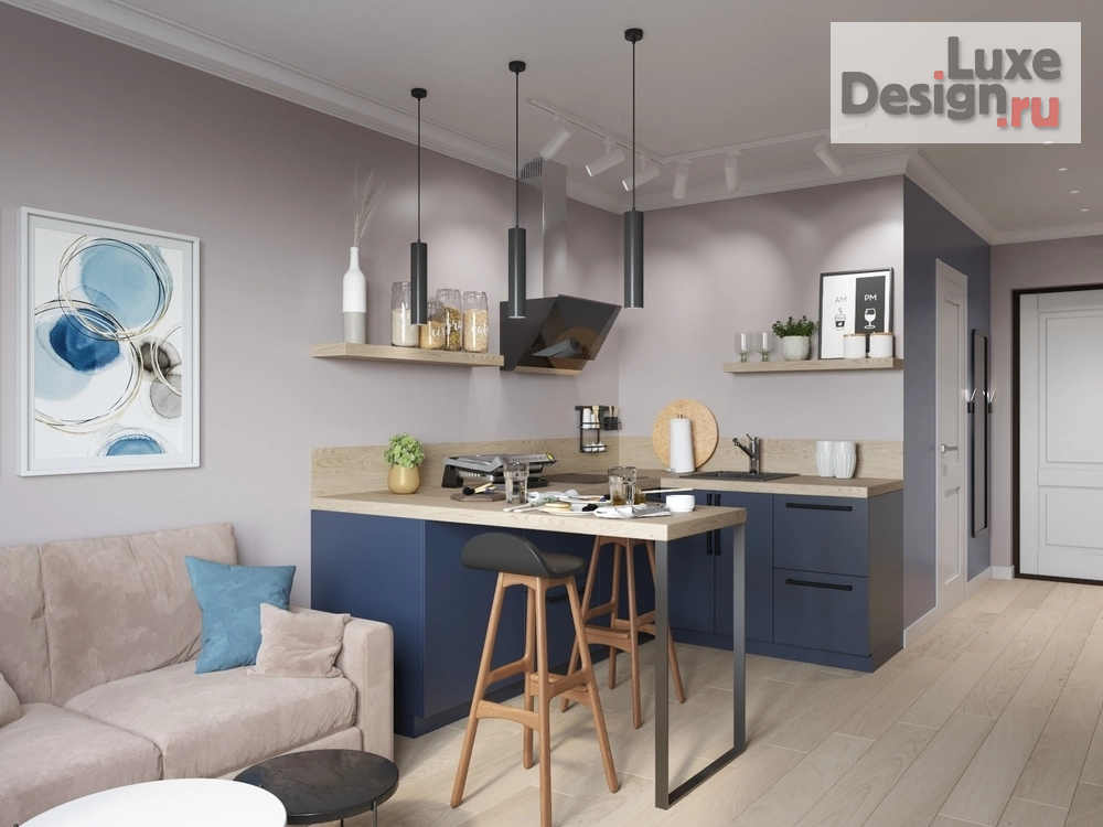 Дизайн интерьера однокомнатной квартиры "Дизайн квартиры с синей кухней" (фото 1)