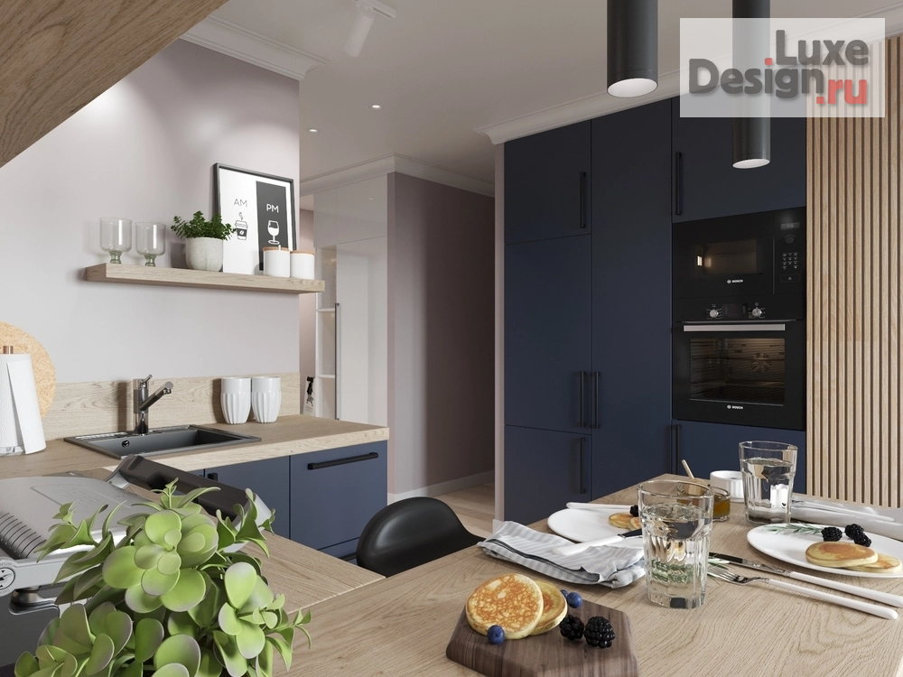 Дизайн интерьера однокомнатной квартиры "Дизайн квартиры с синей кухней" (фото 4)