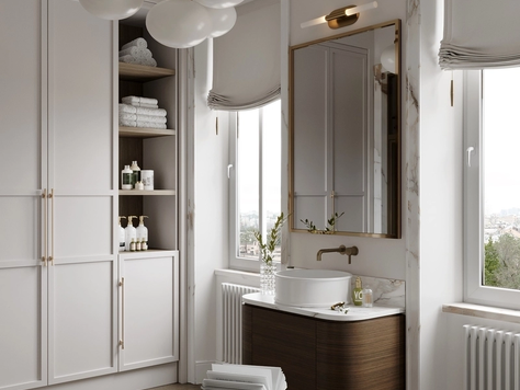 Дизайн интерьера ванной в Москве "Ванные комнаты с отделкой из натурального мрамора и винтажными светильниками."